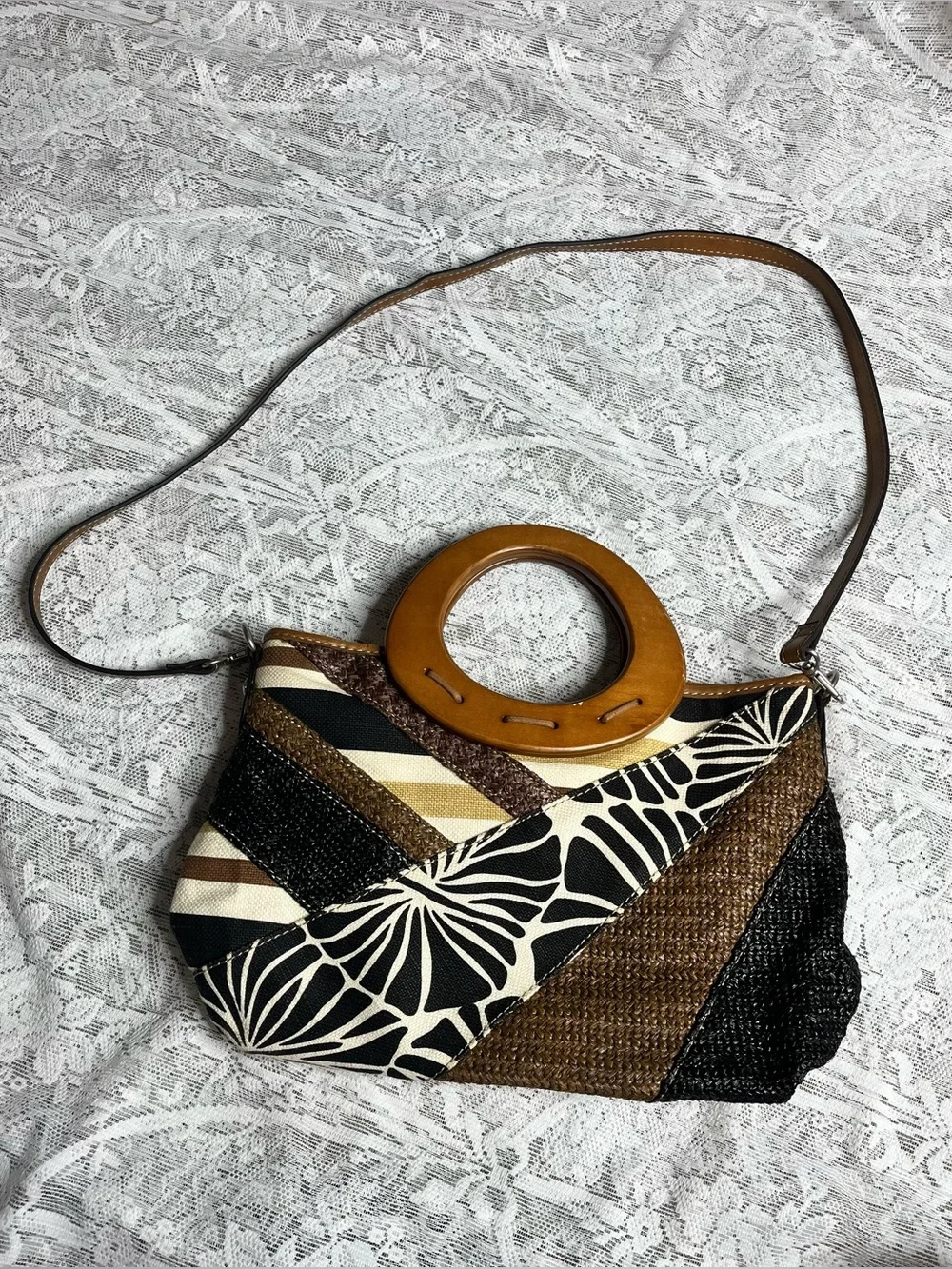 RELIC Canvas Patchwork Satchel Handbag with Wood Handles